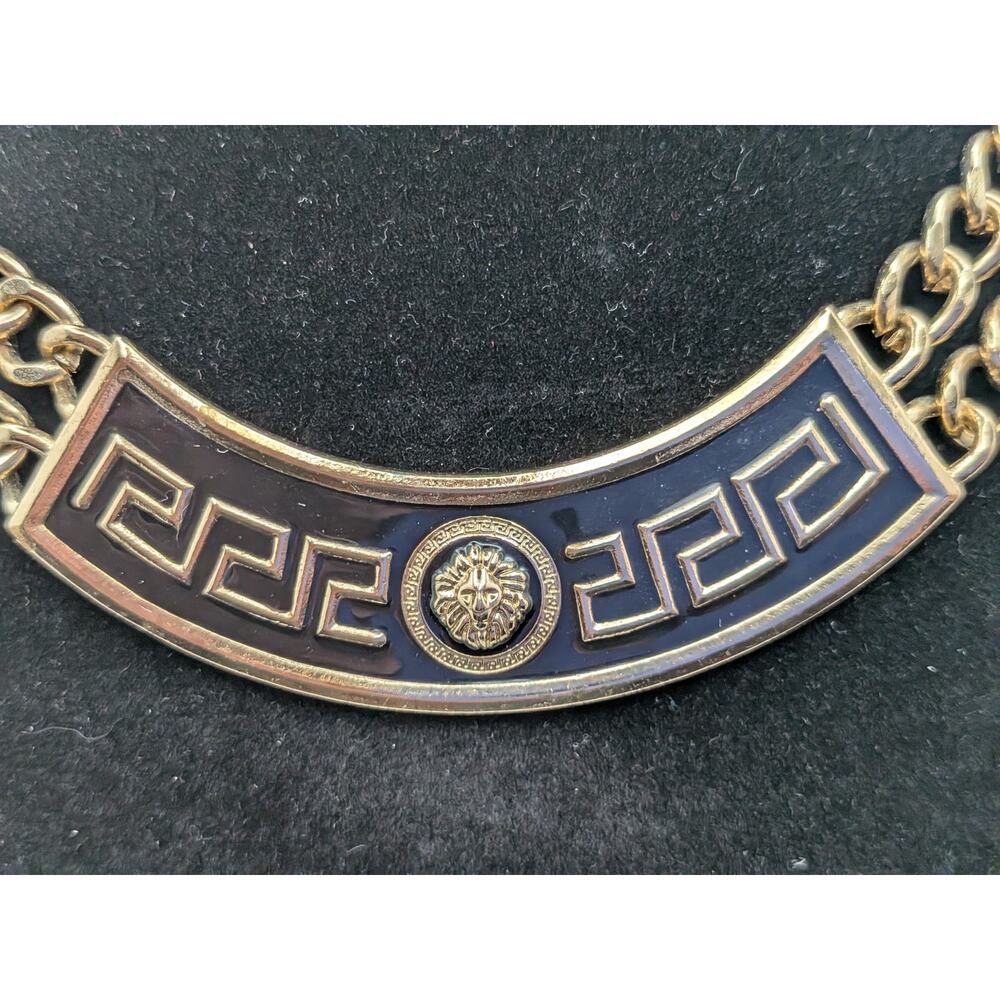 Gold Tone Medusa Greek Key Statement Necklace Chunky Curb Chain Link Lion 16 in